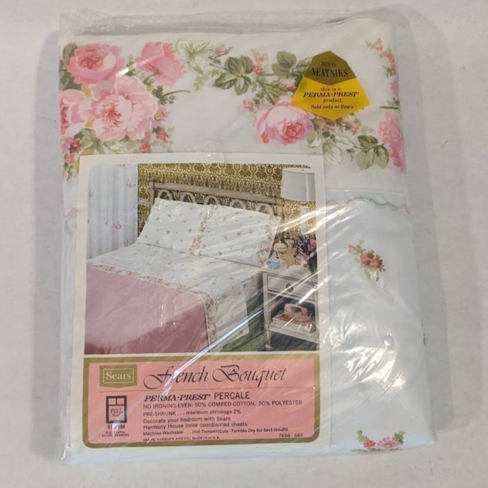 Vintage Sears French Bouquet Full Flat Sheet Perma-Prest Percale Floral Pink New
